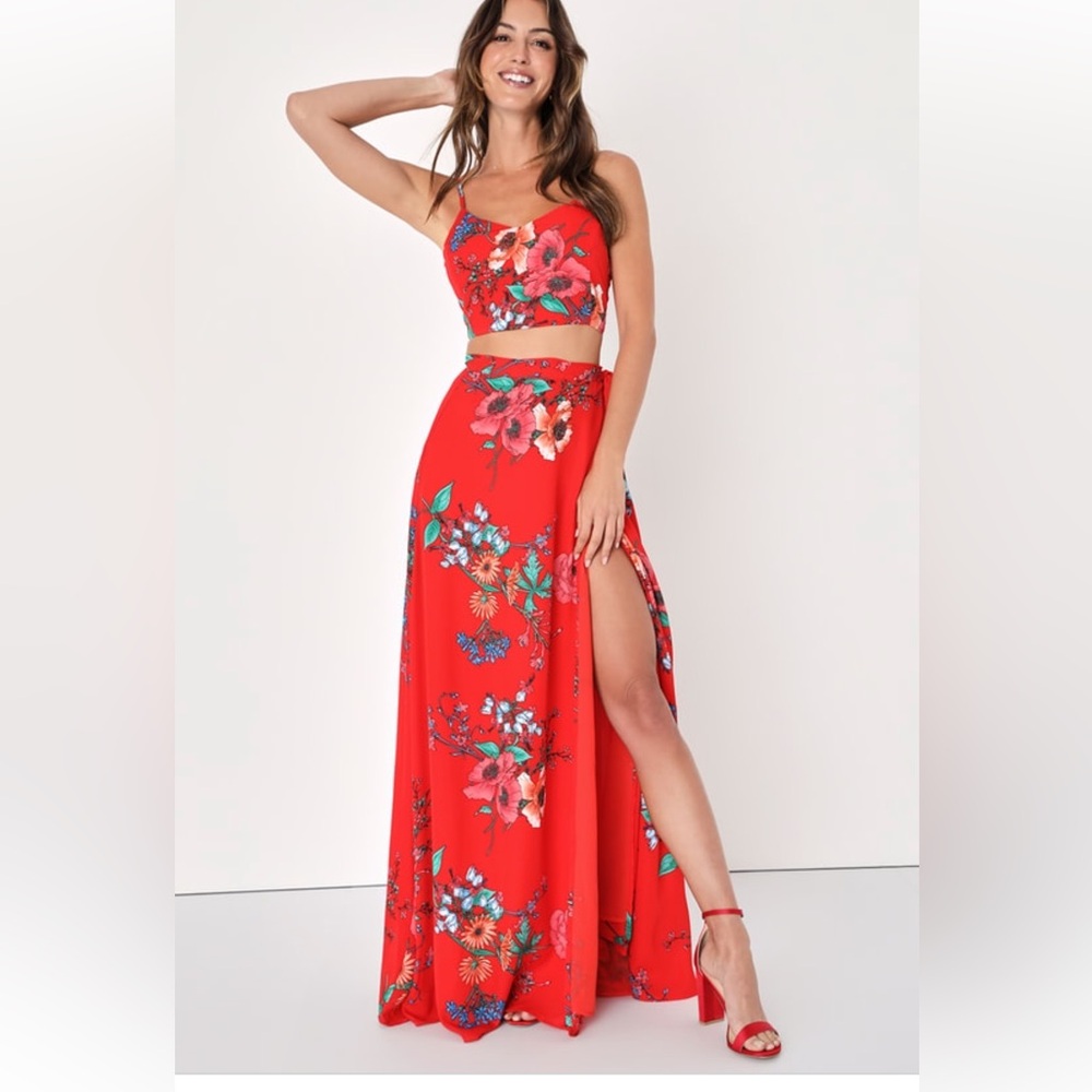 Lulus Bloom With a View Red Two-Piece Maxi Dress, Medium, Red Floral Print